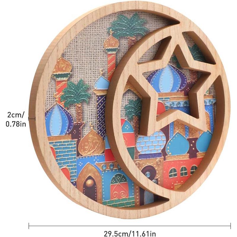 Ramadan Moon Star Serving Tray - Eid Cupcake Candy Plates Mubarak Religious Painting for Family Party Wooden Decorations