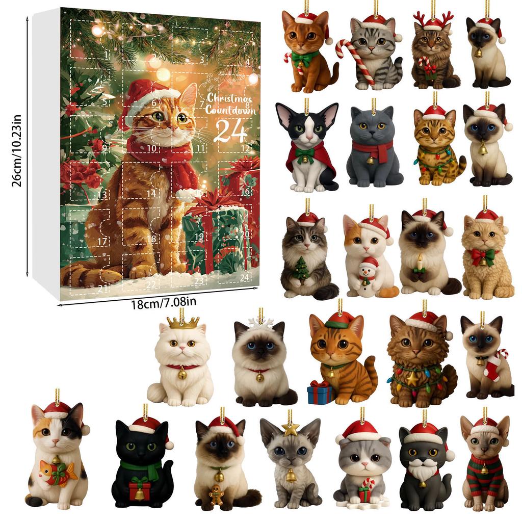 Cat Advent Calendar 2025 24 Days Christmas Countdown With 24 Different Breeds 2D Acrylic Cute Kitten Christmas Tree Ornaments