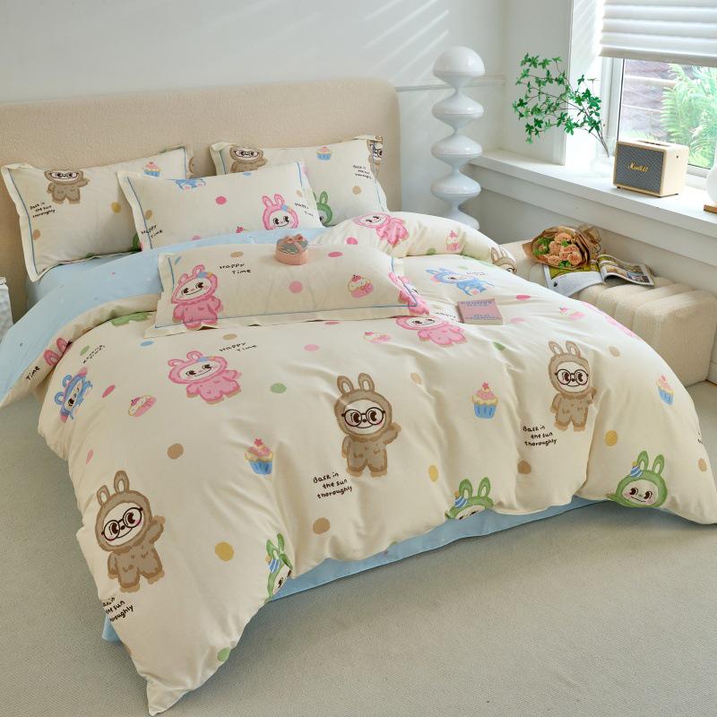 Fresh & Simple Pure Cotton Four-Piece Printed Dorm Set – Includes Three-Piece All-Cotton Bed Sheet, Bed Skirt, and Bedding Set.