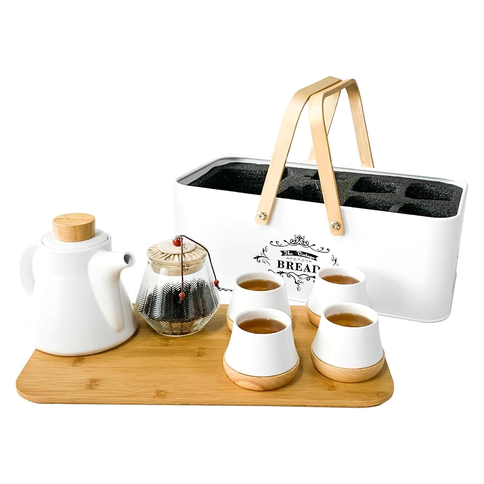 

SOTECH Outdoor Travel Tea Set, Modern Chinese Tea Set with Elegant Ceramic Teapot, Teacups with Wooden Coasters, Glass Tea Tin, and Wooden Arm Metal