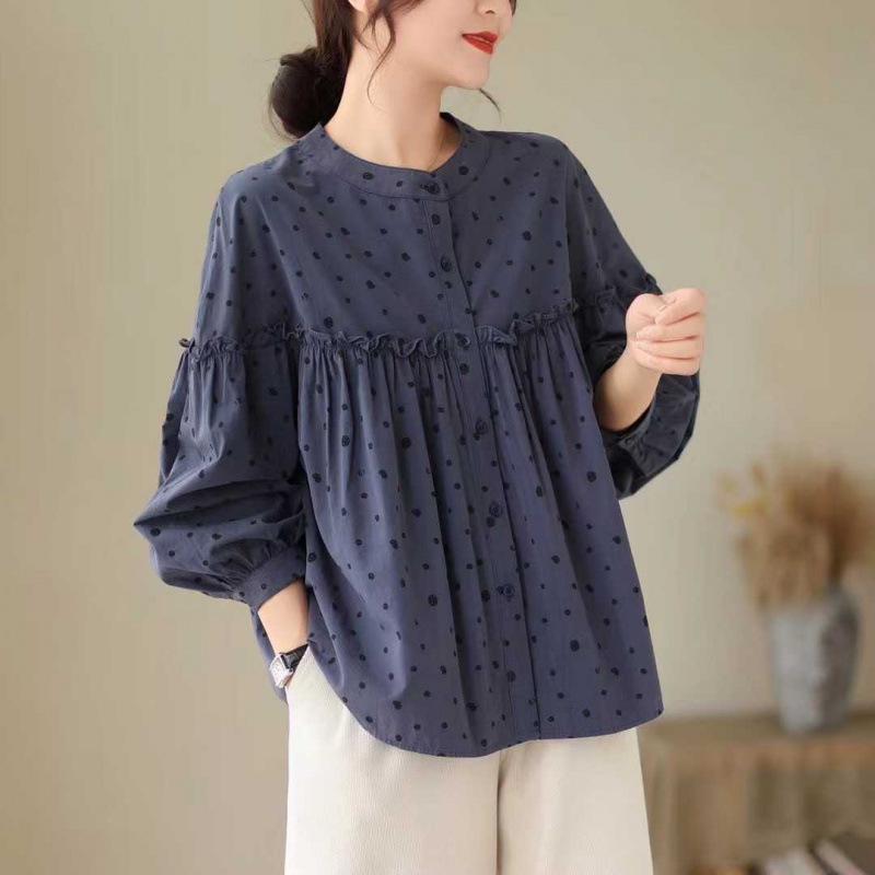 

Spring 2026 Women s Polka Dot Lace Stand Collar Cardigan Shirt One Size Темно-синій