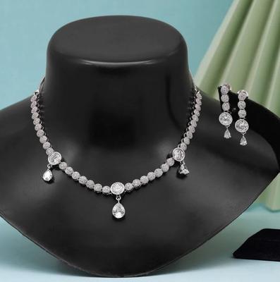 Silver American Diamond Necklace Set for Women's
