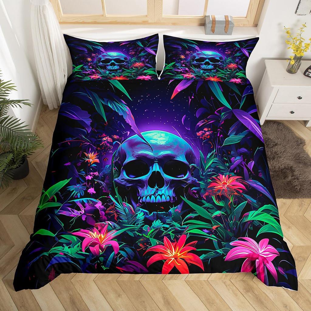 Sugar Skull Duvet Cover Scary Skeleton Comforter Cover Queen Twin Size For Adults Teen Halloween Decor Gothic Skull Bedding Set