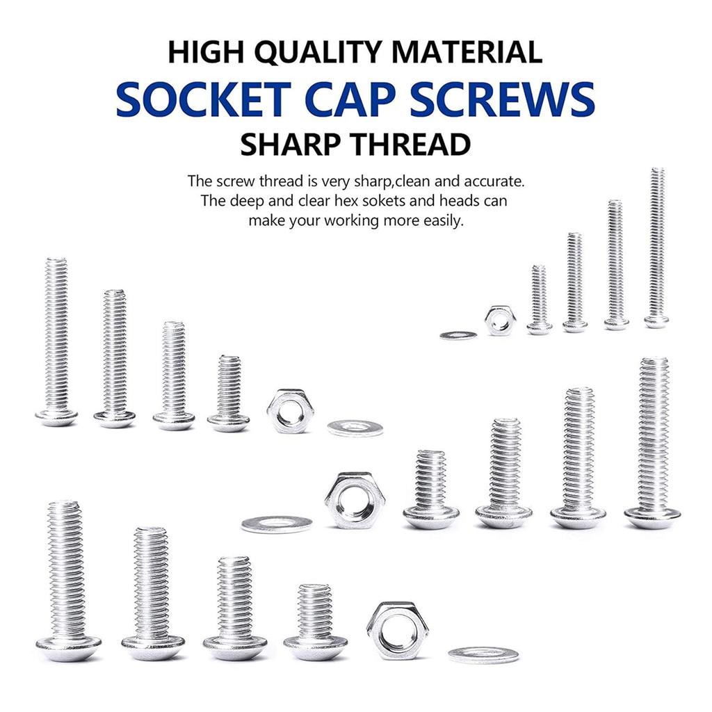 NINDEJIN Metric Button Head Socket Cap Screw Bolts & Flat Washers & Nuts Assortment Kit M2 M3 M4 M5 Stainless Steel Machine Screws Set and Wrench,