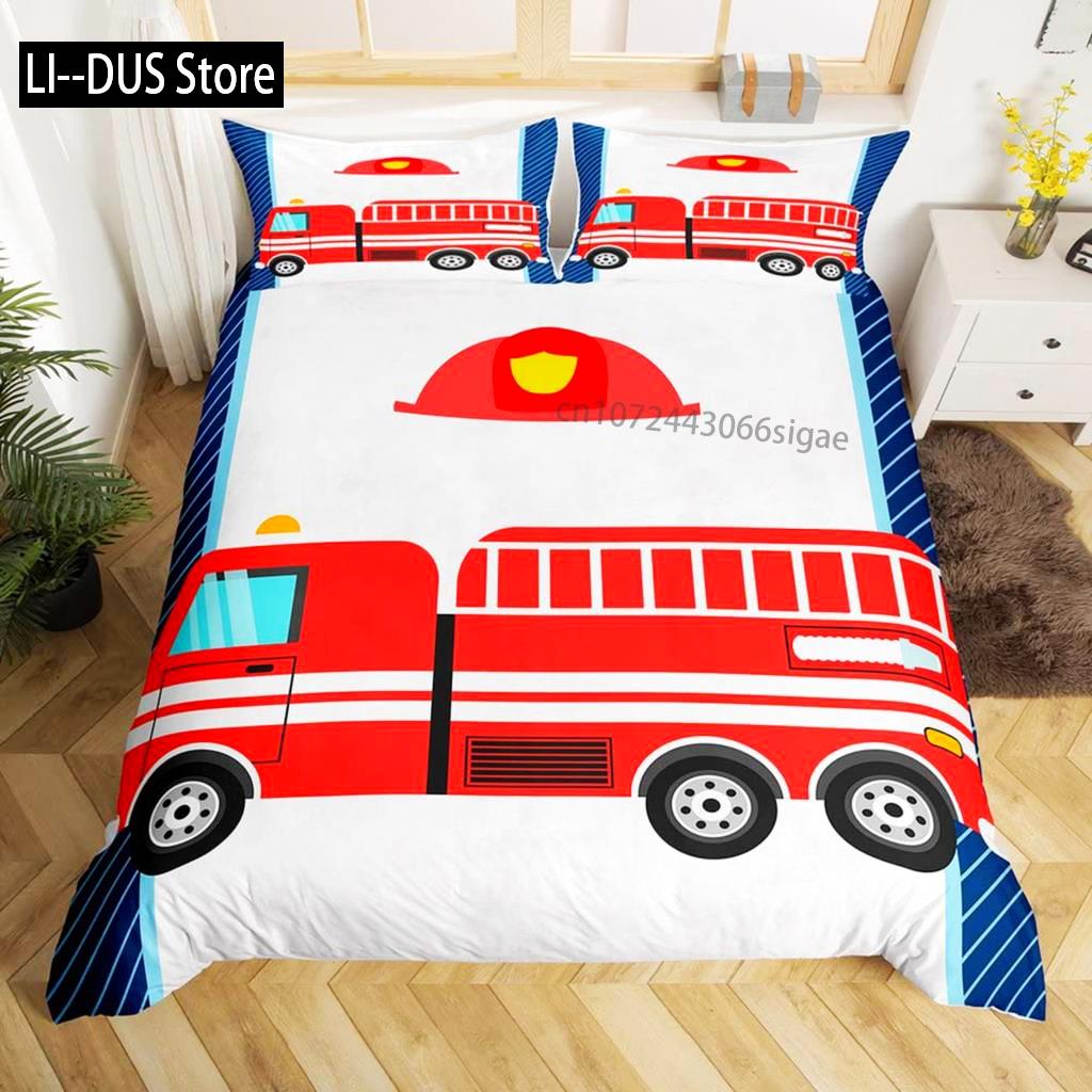 Fire Truck Duvet Cover Set Twin Size Red Firemen Car Vehicle Bedding Set Fire Engine Pattern For Boys Tire Printing Quilt Cover