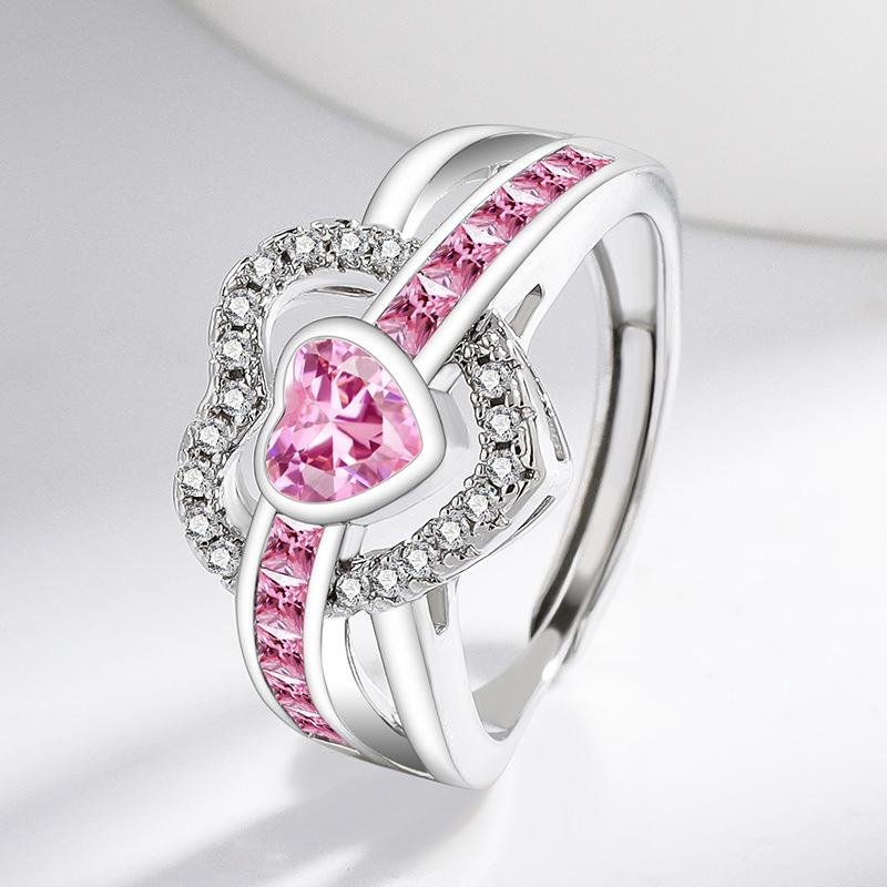 New Heart-Shaped Cubic Zirconia Diamond Ring - European & American Design, High-End Pink Heart Index Finger Ring Adjustable Open Size