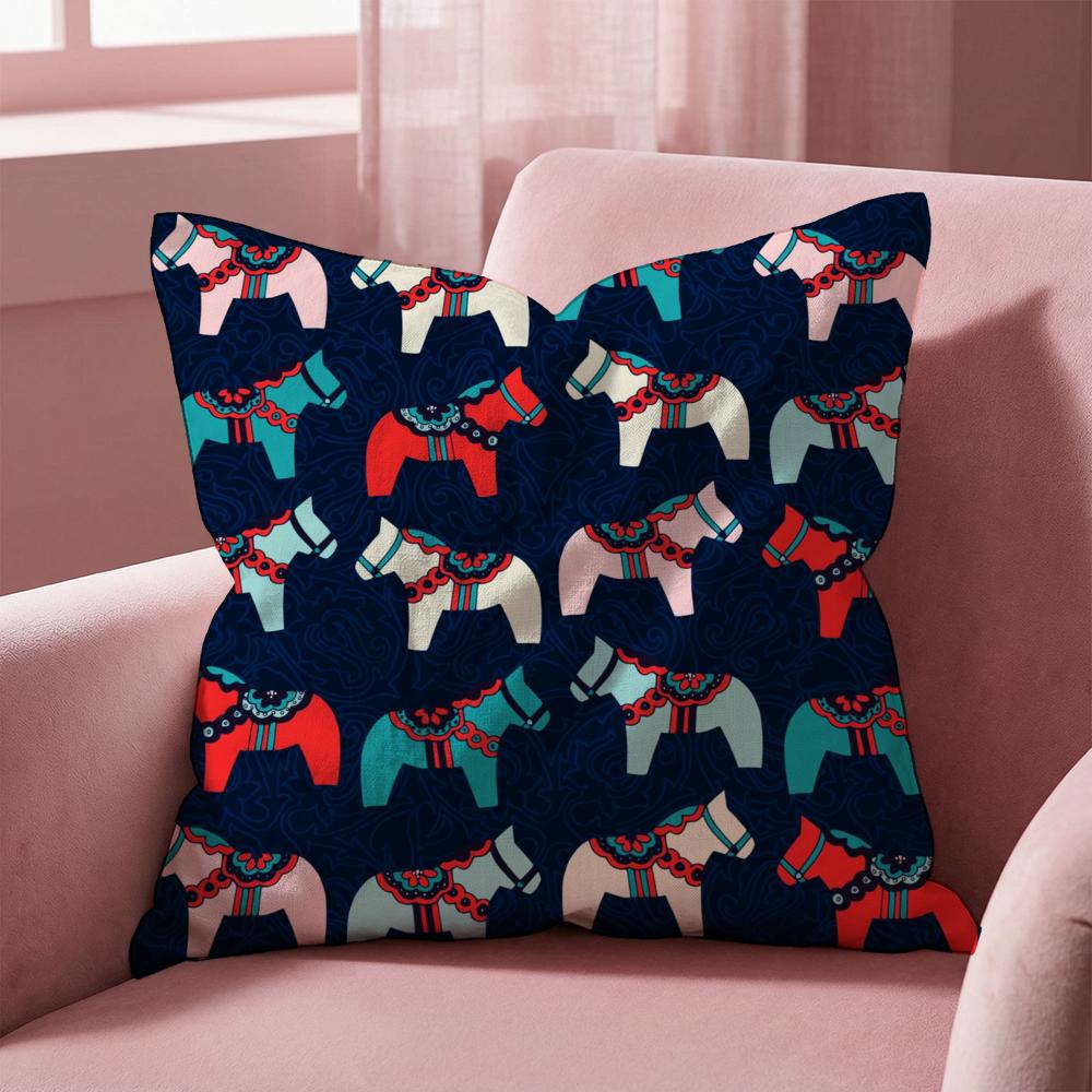 Dala Horse Print Cushion Cover Multi-Scene Pillow Cover for Home & Car - Reversible, Soft & Durable for Daily Use