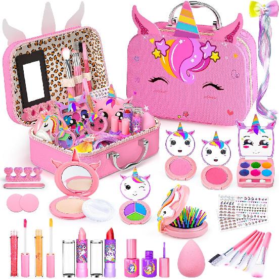 Kids Makeup Kit for Girls, Little Girls Pretend Make Up, Princess Play Makeup Set with Mirror, Toddler Toys Real Washable Cosmetic Set & Nail Kit