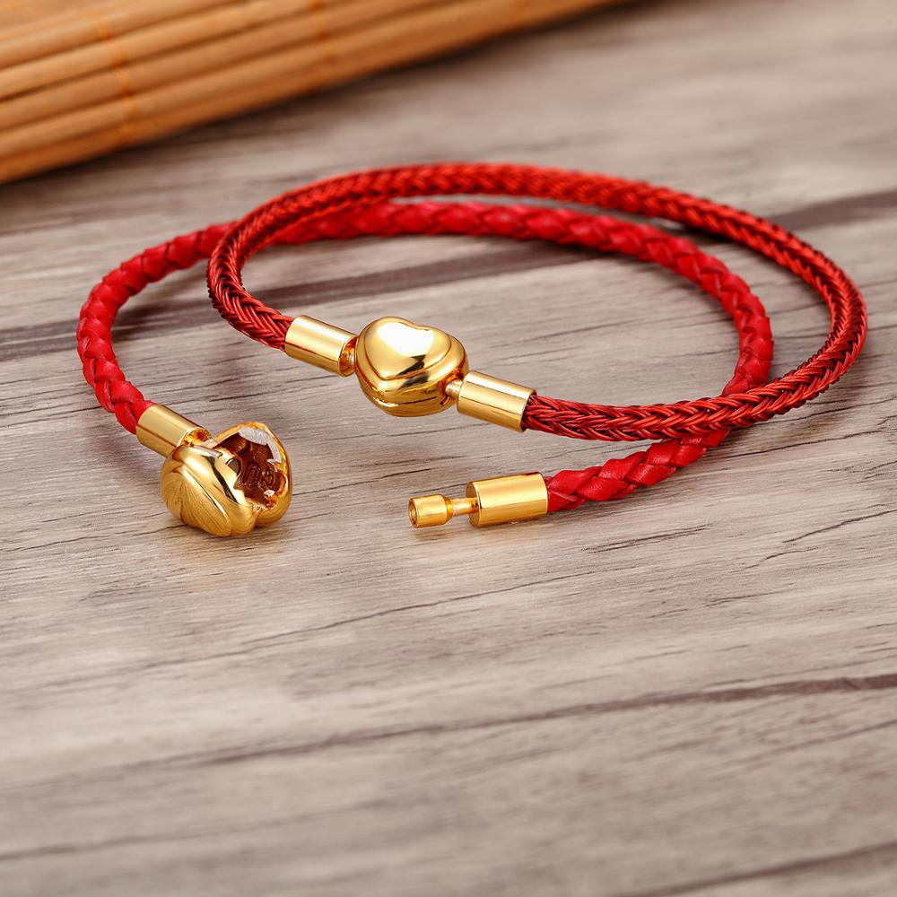 Fashion Women Gold Plated Lover Bracelet Bangle Leather Chain With Love STAINLESS STEEL Clasp Pan Bracelet Bead Charms Bracelet
