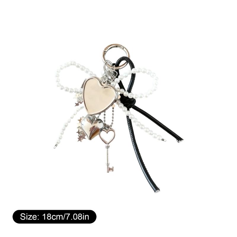 Elegante Perlen Schleifen Schlüsselanhänger mit Herz Spiegel Perfekt für Modische Accessoires und Tägliches Praktisches Tragen