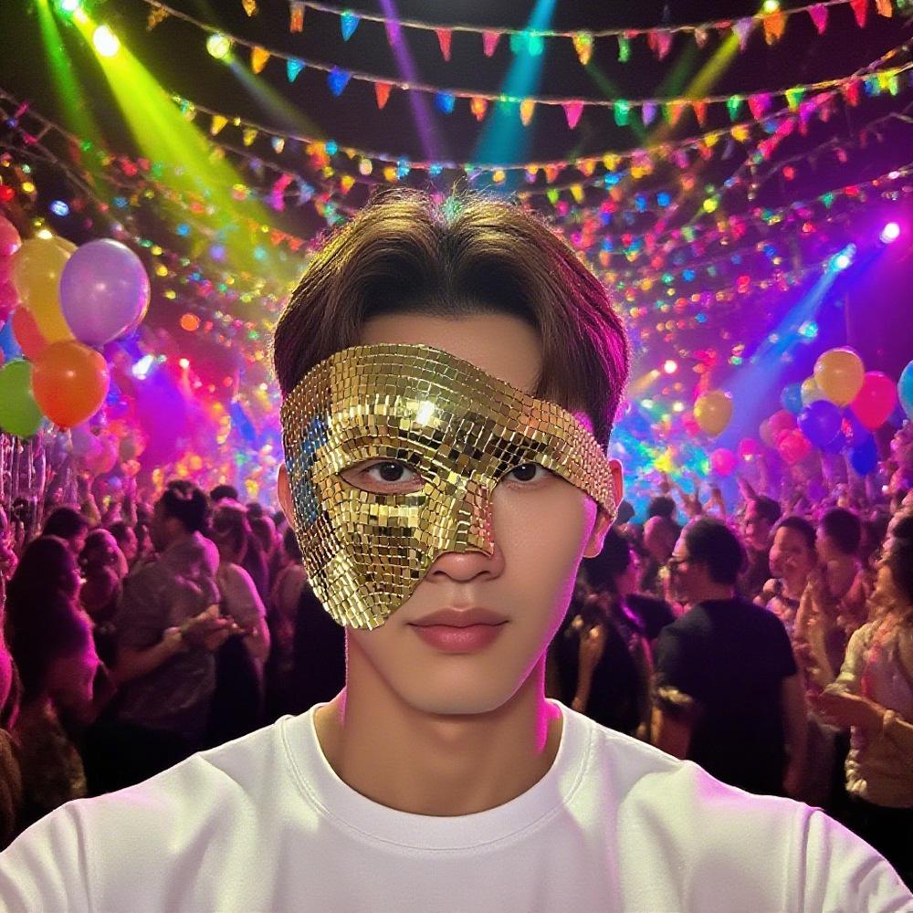 Disco Ball Mirror Half Face Mask, Shiny Laser Reflective Mask for Halloween Party Dance Costume
