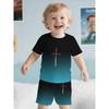 Geometric Color Block Kids Sport Suit Short Sleeve Tee and Shorts 2-Piece Set Green Casual Summer Clothes for Boys