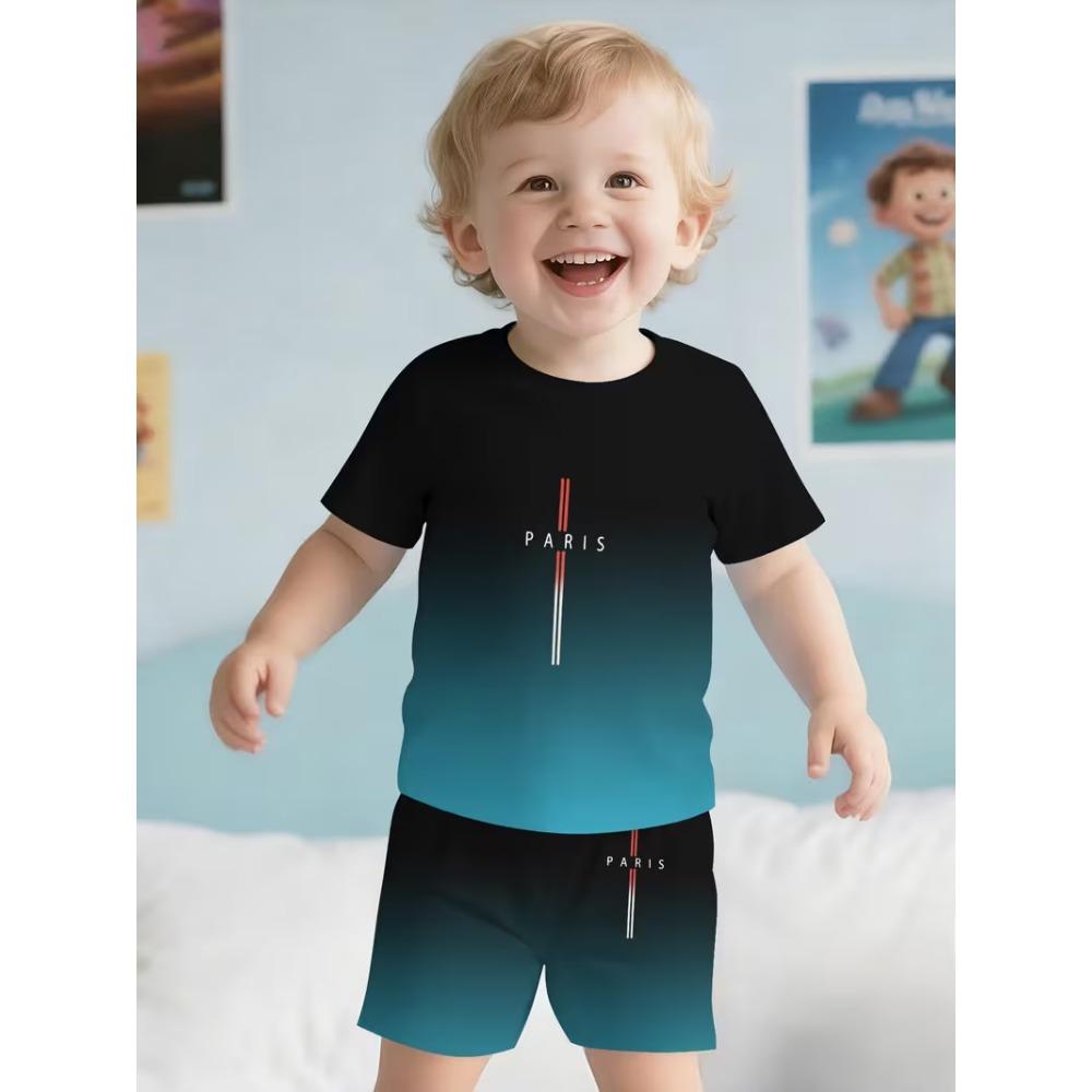 Geometric Color Block Kids Sport Suit Short Sleeve Tee and Shorts 2-Piece Set Green Casual Summer Clothes for Boys