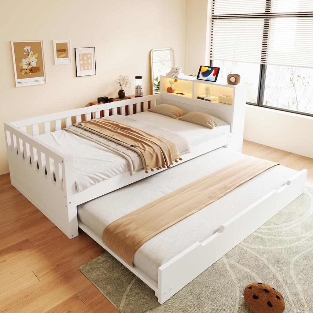Multifunctional Wooden Bed 90 × 200 cm, With Pull-Out Bed, Shelf and Storage, Equipped With Socket and LED Lighting, Safety Rail, Single Bed, White