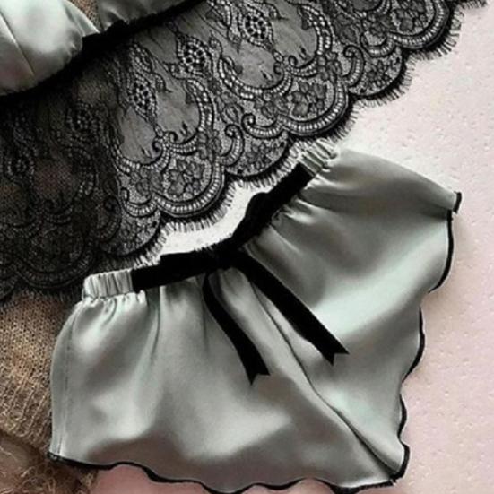 2 stk/sett Dame Pysjamassett Gjennomsiktig blonder hul ut sateng patchwork sløyfe Spaghetti stropp Ermeløs topp elastisk midje shortssett Sommer nattøy