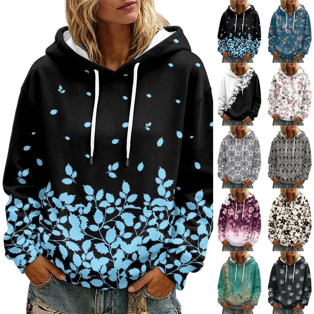 Women's Floral Print Long Sleeve Hoodie with Pocket and Casual Pullover Sweatshirt
