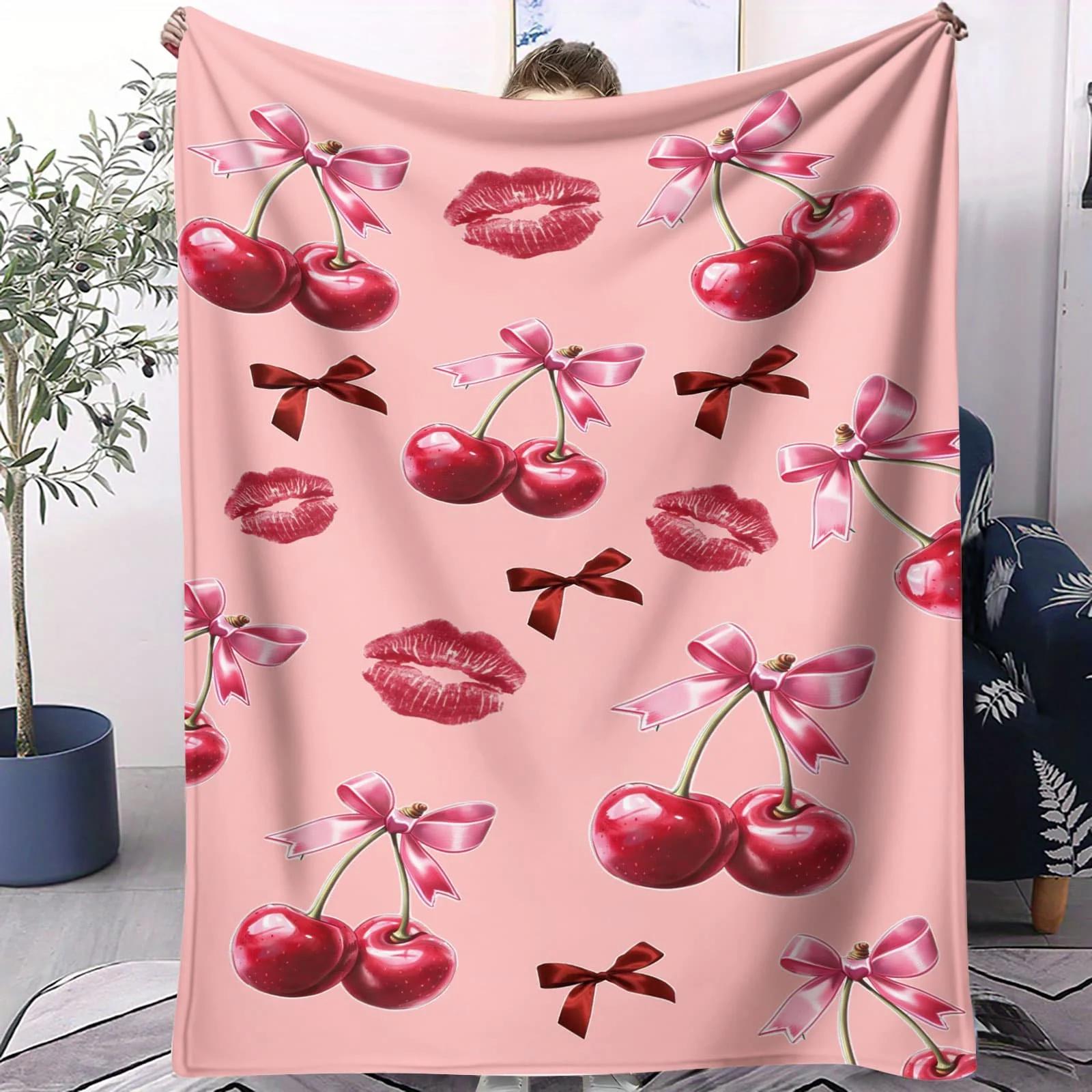 Cherry Bow Fleece Blanket - Sweet Spicy Pattern Soft Throw for Bedroom Sofa Teens Aesthetic 75X95CM