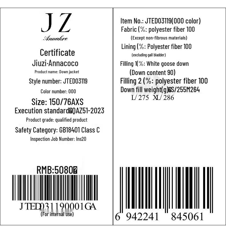 JZ Annaou Women's Plain Black Mid-Length Goose Down Puffer Jacket