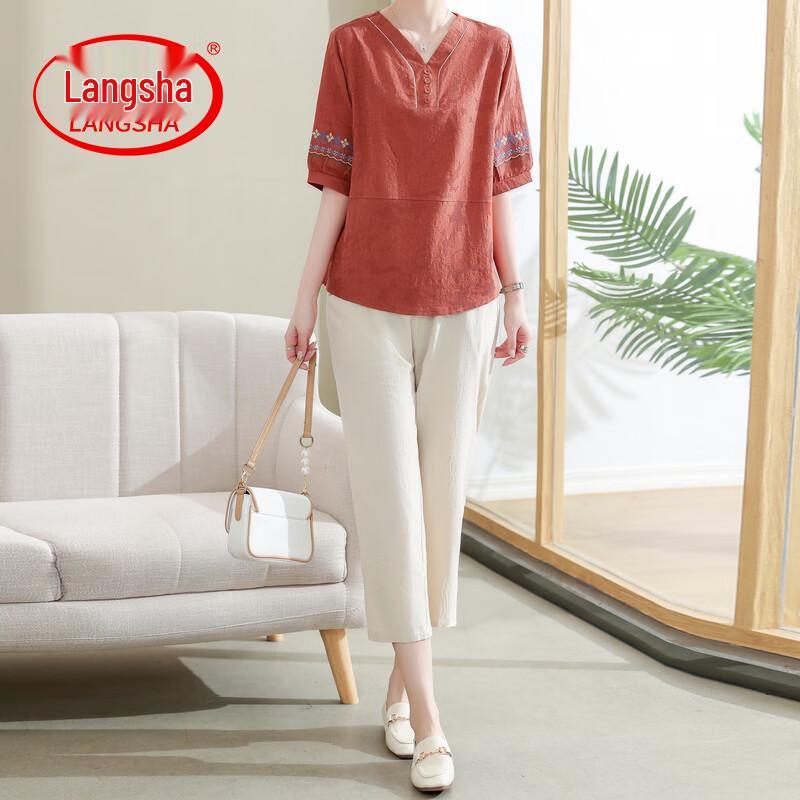 LangSha Women's Summer Cotton Linen Short Sleeve Two-Piece Set