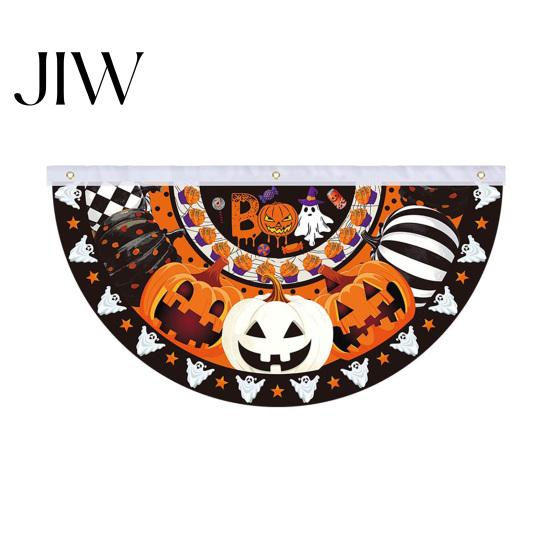 Reusable Holiday Porch Sign Halloween Semi Circle Bunting Banner, Pumpkin Bat Yard Decor, Decorative Fan Shaped Flags Spooky Festive Hanging Flag for