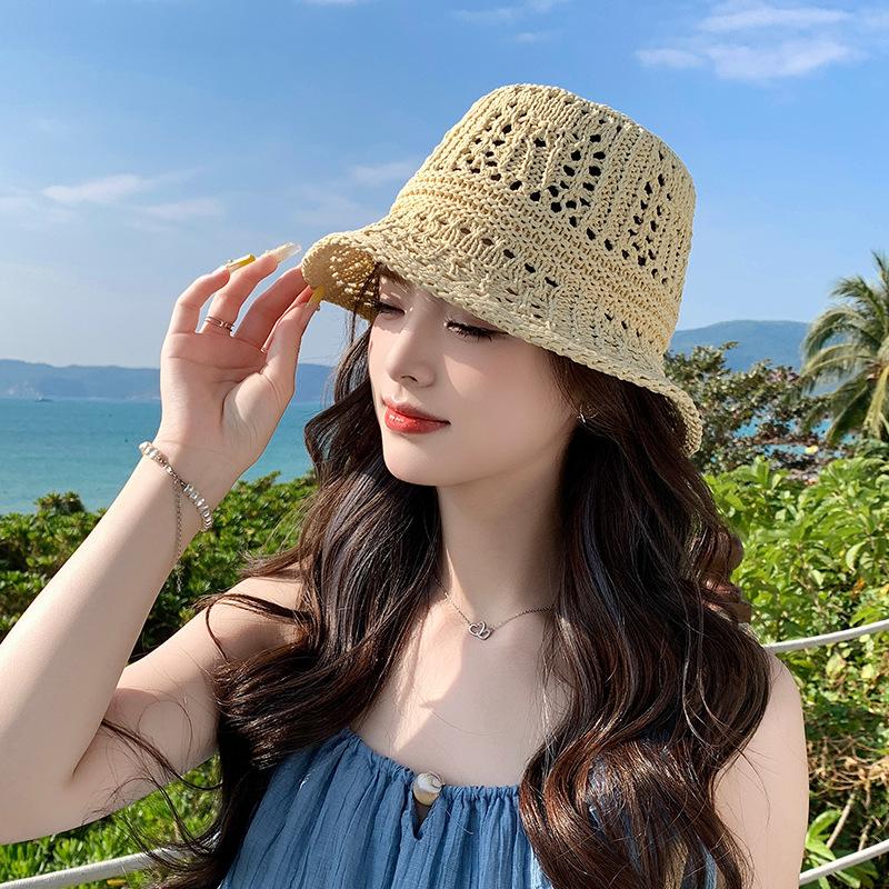

Соломенная шляпа-ведро с полыми дышащими однотонными полями, женская летняя универсальная шляпа-ведро для отдыха на море, солнцезащитная шляпа-панама с защитой лица