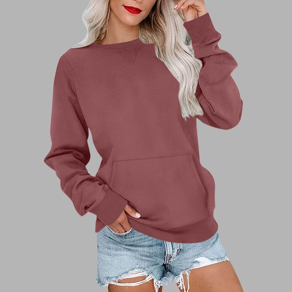 Ladies' Casual And Fashionable Pocket Solid Color Round Neck Long Sleeved Sweatshirt