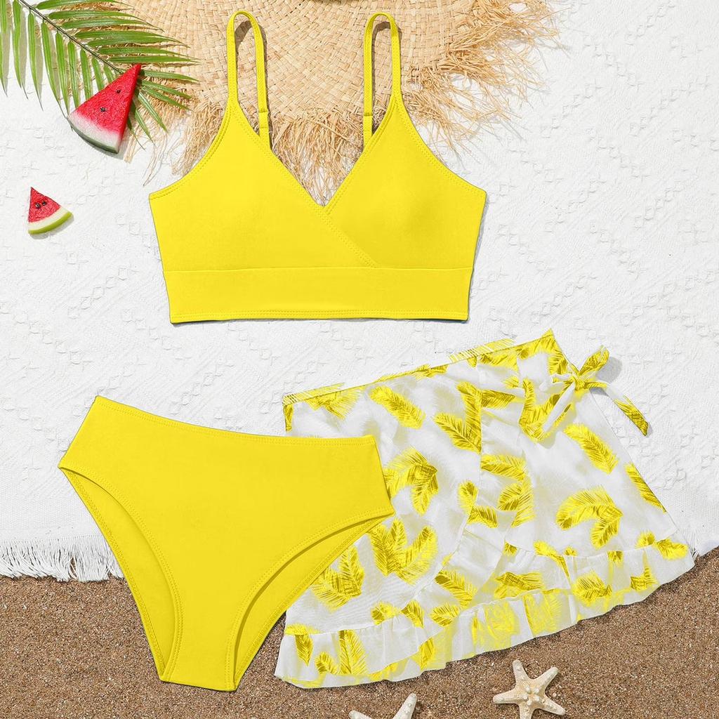 Girls Two Piece Swimsuit Set Adjustable Straps Bikini Top High Waist Bottom with Ruffle Skirt Cover Up Lightweight Swimwear for Kids