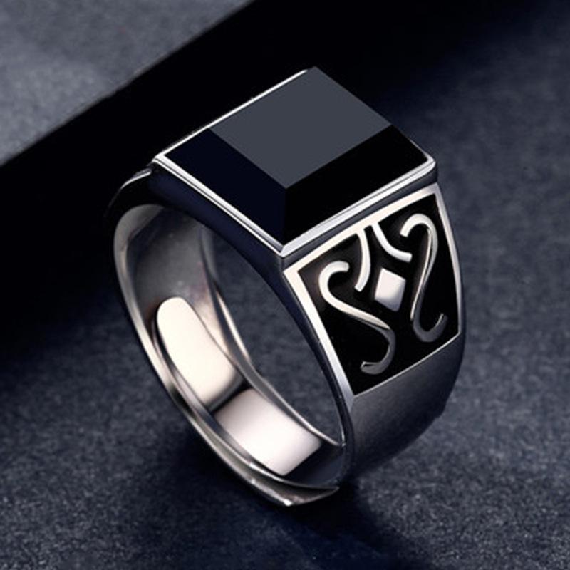 1Pc Open Mysterious Totem Ring, Men's Trendy Men's Obsidian Domineering Ring Ring, Retro Drip Gem Ring.