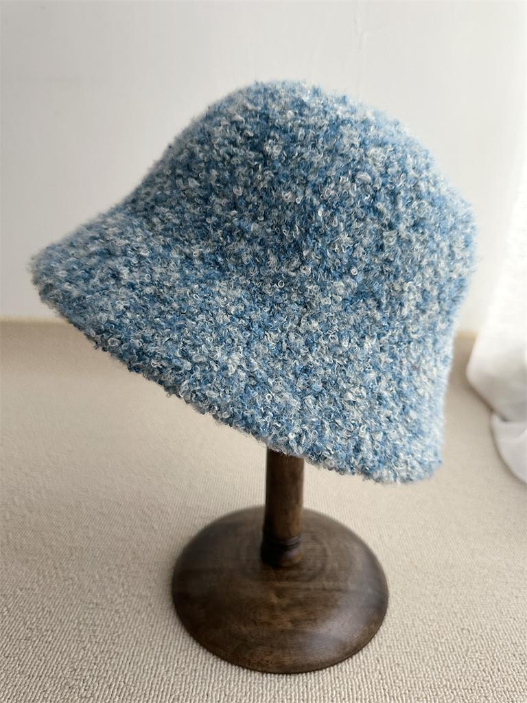 Retro bucket hat women's autumn and winter wool lamb plain face cover big head circumference basin hat versatile thickened warm bucket hat