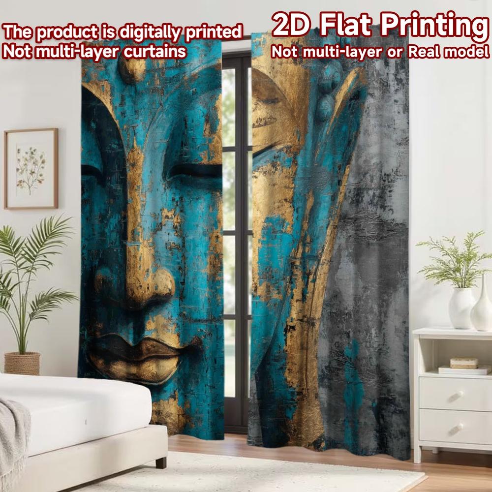 2D Flachdruck 2 Stück Vorhang Fenster Vorhänge Goldenes Buddha Porträt Digital Gedruckt Polyester Vorhänge Party Dekorationen Verwendung für