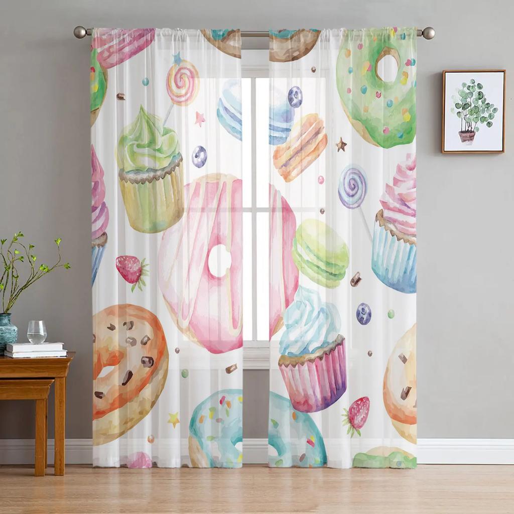 Afternoon Tea Cake Dessert White Curtain Living Room Home Kitchen Bedroom Window Decor Chiffon Tulle Voile Curtains With Light Filtering Polyester