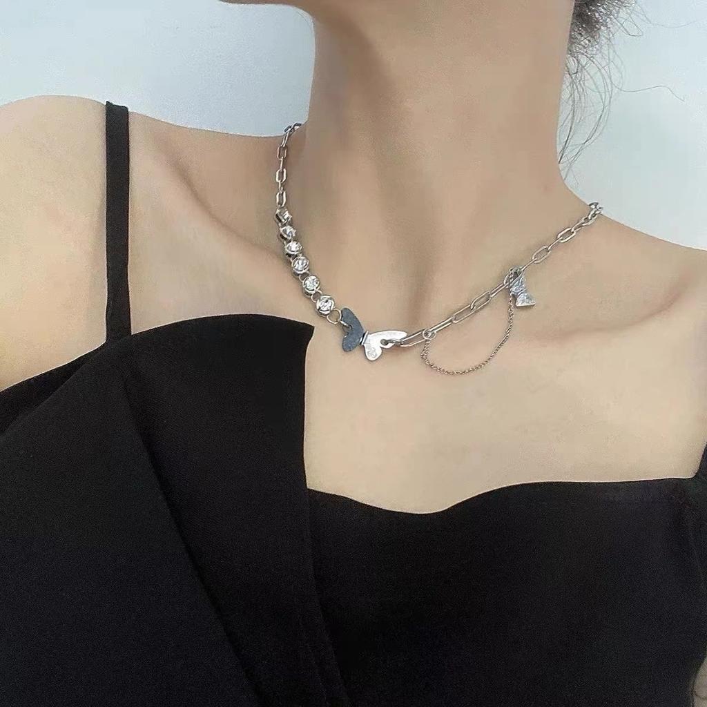 Contrasting Butterfly Titanium Steel Splicing Necklace Summer Premium Niche Accessories Hip Hop Sweet Cool Wind Clavicle Chain