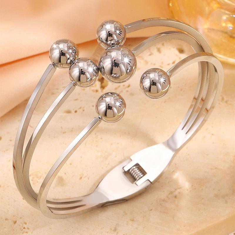 Golden Three Layer Round Bead Bracelet Stainless Steel Bracelet Cross Shaped Round Beads Do Not Fade Titanium Steel Bracelet