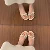 Fashion Pearl Bow Open-toe Slippers for Women In Summer, Beautiful Small Round-toe Rhinestone Non-slip Block Heel Sandals