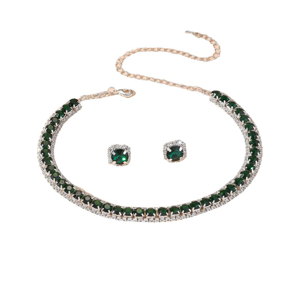 European & American Green Blue Choker Necklace & Stud Earrings Set for Women - Ideal for Weddings & Evening Dresses