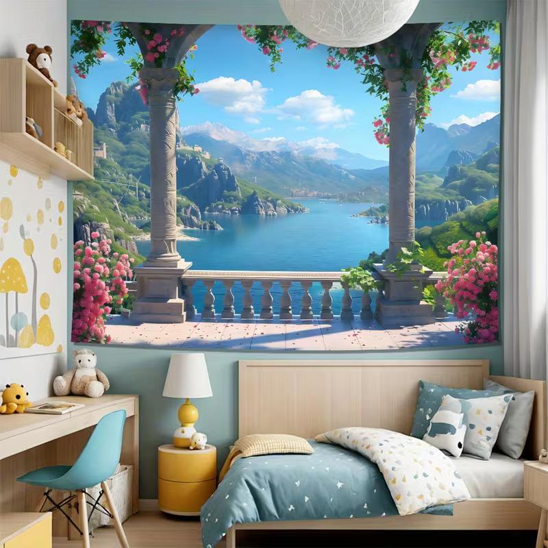 2D European Garden View Tapestry, Aesthetic Nature Landscape Wall Art for Room Decoration