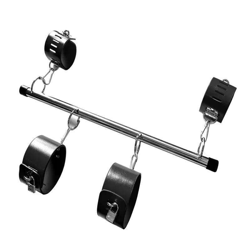 BDSM Bondage Adjustable Handcuffs & Ankle Cuffs with Stainless Steel Spreader Open Legs Pu Leather Set for Couple Sex Games Toy