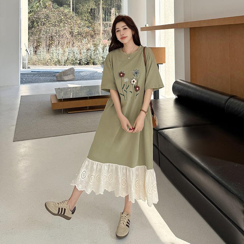 Women Summer Midi Dress O Neck Short Sleeve Patchwork Plus Size Long Dress Loose Lace Ruffles Maxi Dress