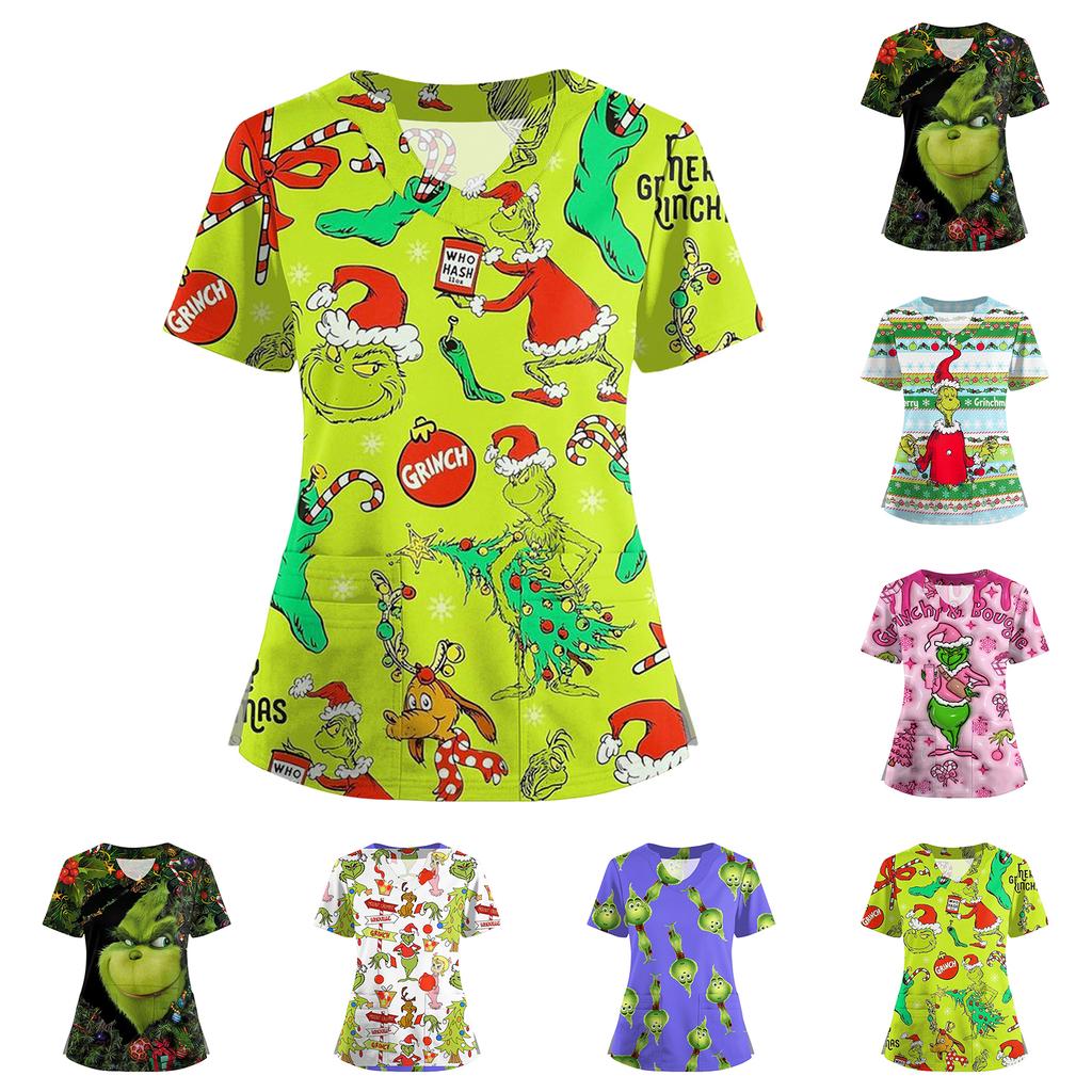 Women's Short Sleeved Christmas Printed V-neck Buttonable Side Slit Top T-shirt