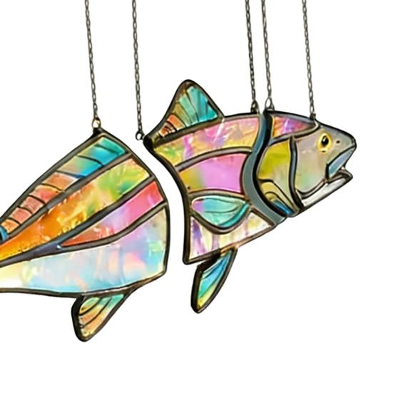 Handcrafted Stained Glass Fish Suncatcher Acrylic Fish Window Hanging Ornament Handmade Iridescent Fish Wind Chime for Patio Garden Home