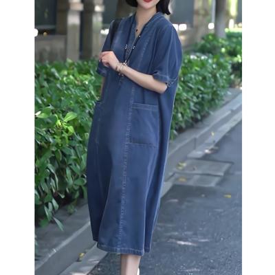 2025 Summer New Korean Version Loose Large Size Women's Clothing Medium and Long Thin V-neck Short-sleeved Solid Color Denim Dress