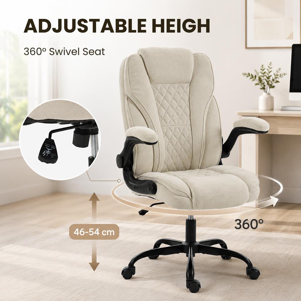 Office Chair Ergonomic Desk Chair With Flip Up Armrest Pocket Springs Swivel Wheels Adjustable Height Beige
