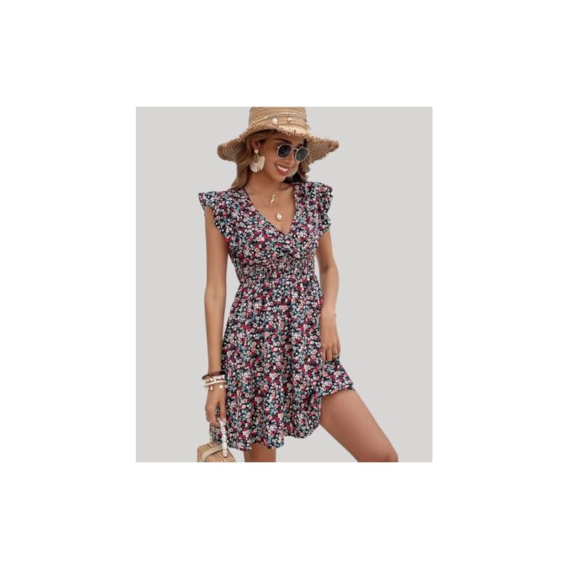 GRECIILOOKS Western Dress for Women| Floral Print Wrap V Neck Dress| Ruffle Sleeve Western Dress| Mini Summer Short Dres S