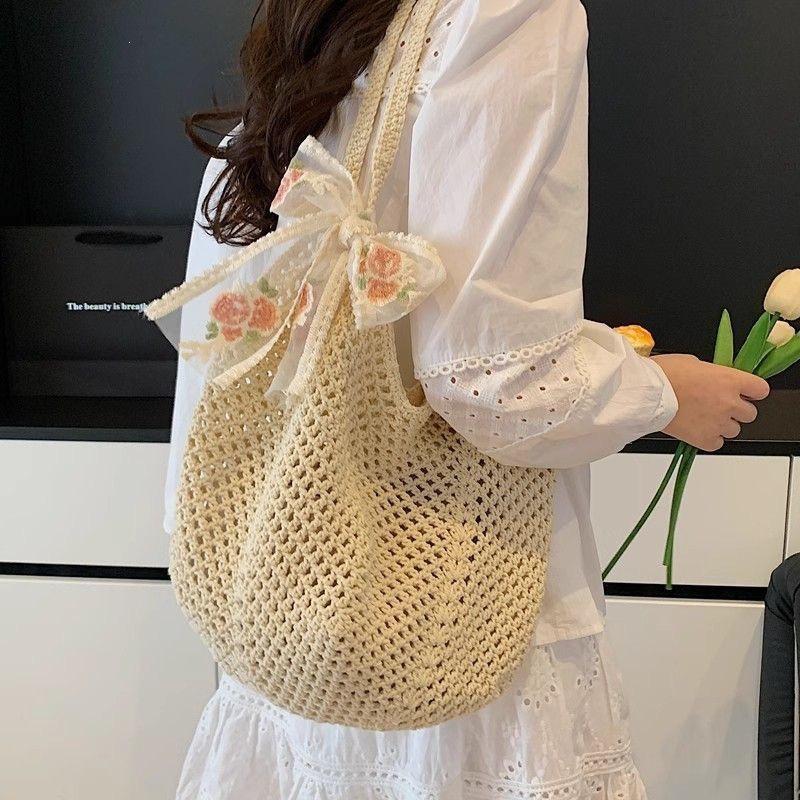 Women's Large Casual Hollow Straw Shoulder Bag, Beach Style Handbag