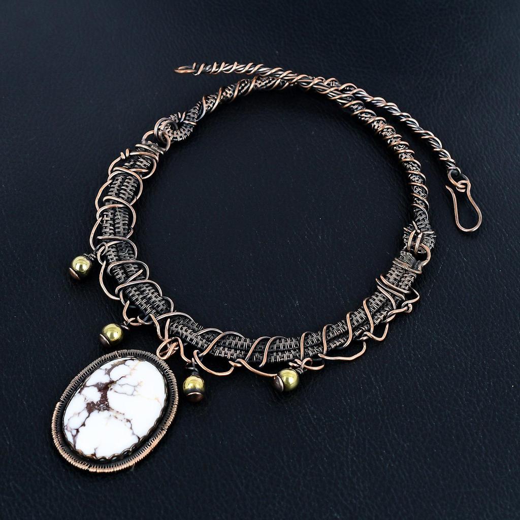 Wild Horse 999 Copper Wire Wrapped Necklace, Handmade Gemstone Jewelry Necklace For Memorial Day