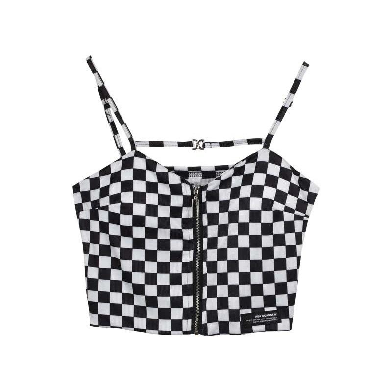 Women Korean Checkered Zipper Sexy Slim Camisole Short Top