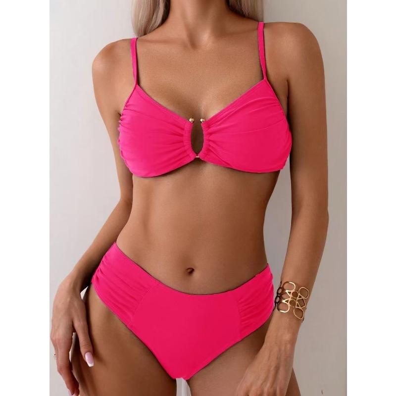 Solid Color Teal Ruched Cutout Bikini Set High Waist Two Piece Swimsuit
