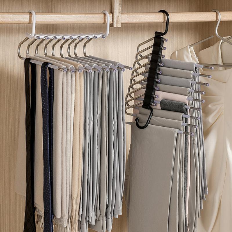 Stainless Steel Folding Pants Hanger – Multi-Layer Magic Clips & Retractable Space-Saving Organizer