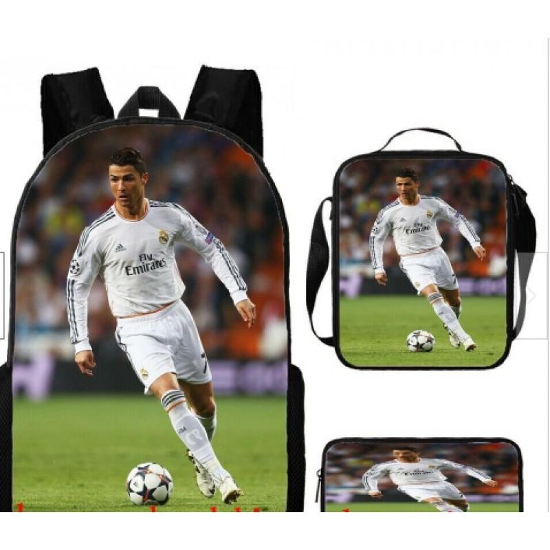 Conjunto de Mochila Escolar Infantil Estampada Cristiano Ronaldo Meninos Meninas 3 Peças Mochila de Tecido Oxford Com Lancheira Estojo