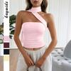 Dames Roze Halter Nek Crop Top Asymmetrische Band Ruches Getailleerd Mouwloze Top
